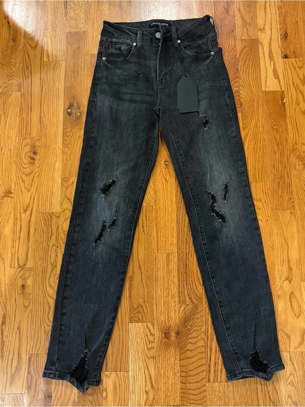 NWT Insane Gene Black Washed Distressed Straight-Leg Jeans Size 1